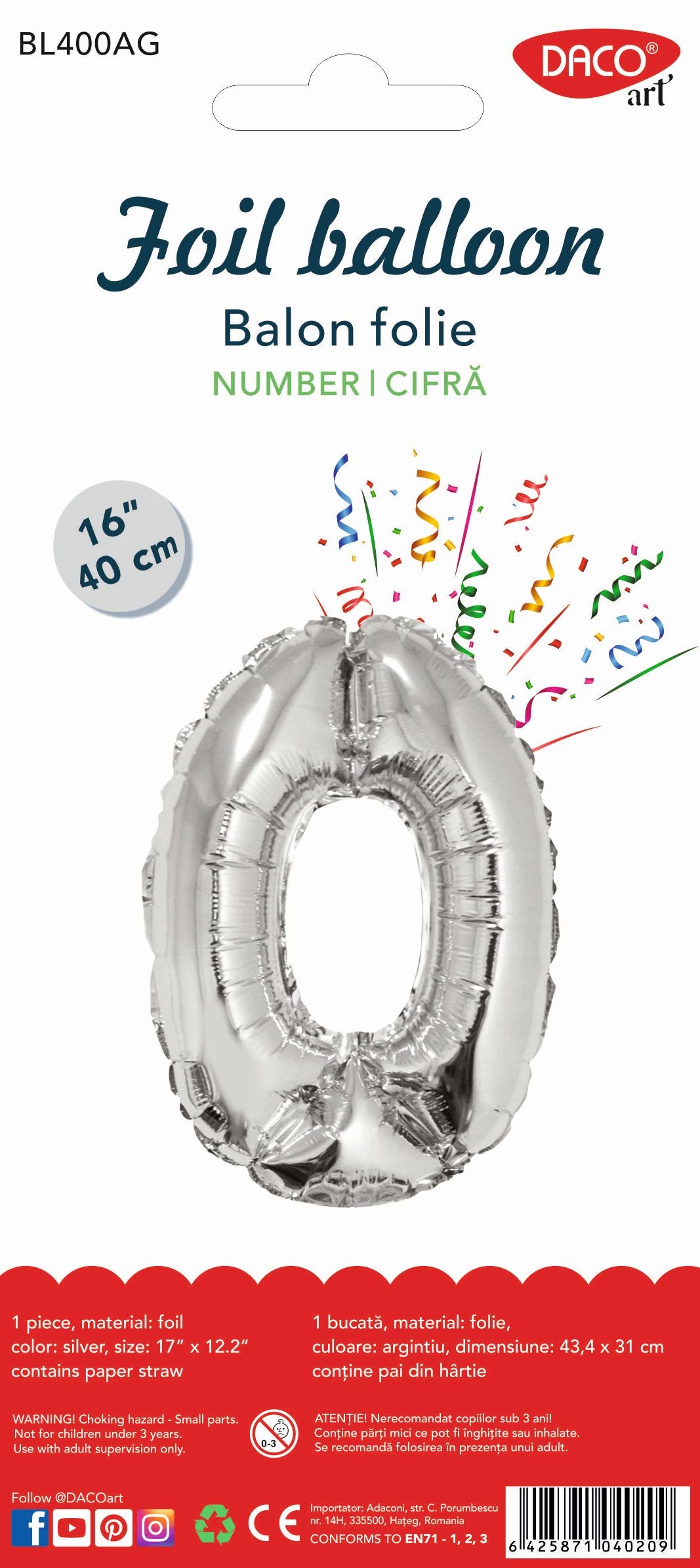 Balon decorativ din folie auriu metalizat în formă de cifra 0, dimensiune 40 cm, brand DACO, include pai pentru umflare