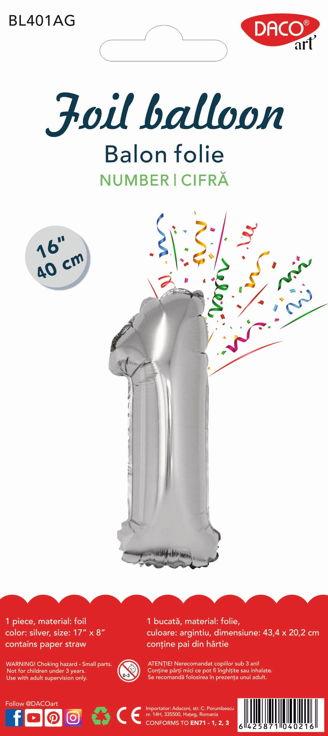 Balon decorativ din folie argintiu metalizat în formă de cifra 1, dimensiune 40 cm, brand DACO, cod BL401AG, include pai de umflare