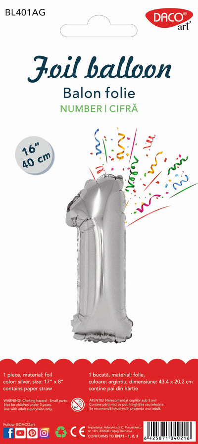 Balon decorativ din folie argintiu metalizat în formă de cifra 1, dimensiune 40 cm, brand DACO, cod BL401AG, include pai de umflare