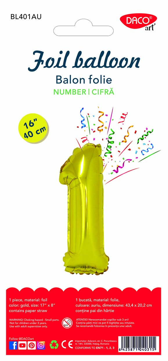 Balon decorativ din folie auriu metalizat în formă de cifra 1, dimensiune 40 cm, brand DACO, cod BL401AU, include pai pentru umflare