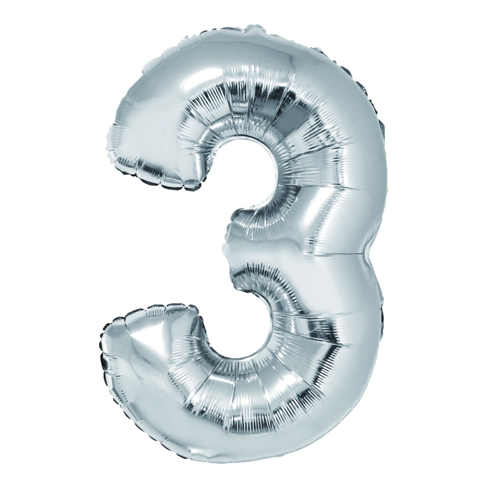 Balon decorativ din folie argintie în formă de cifra 3, dimensiune 85 cm, marca DACO, include pai din hârtie pentru umflare
