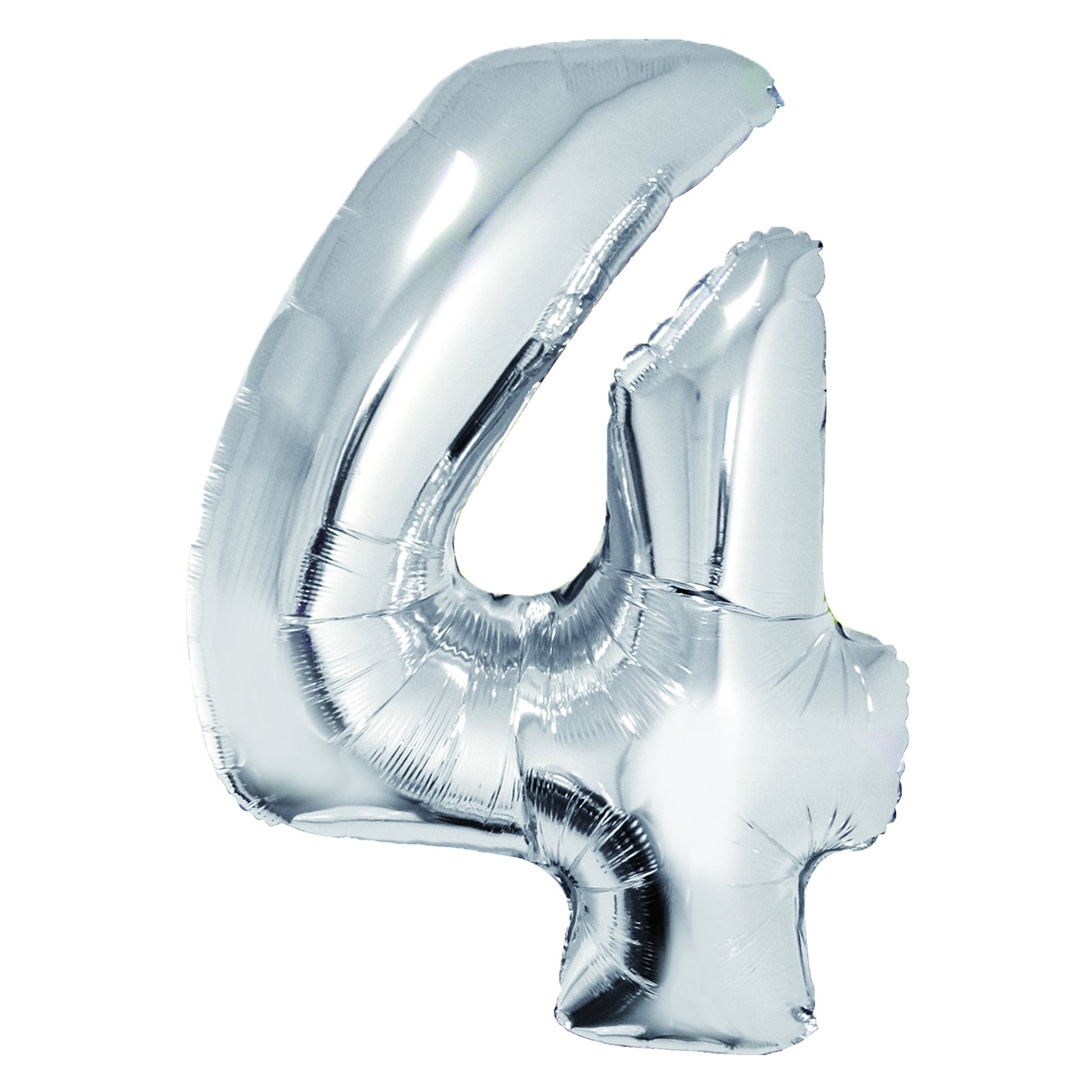 Balon decorativ din folie argintie în formă de cifra 4, dimensiune 85 cm, marca DACO, include pai din hârtie pentru umflare