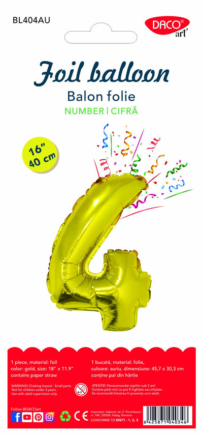 Balon decorativ din folie în formă de cifra 4, culoare aurie metalizată, dimensiune 40 cm, marca DACO, include pai din hârtie pentru umflare.