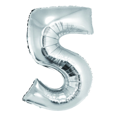 Balon decorativ din folie argintie în formă de cifra 5, dimensiune 85 cm, marca DACO, include pai din hârtie pentru umflare