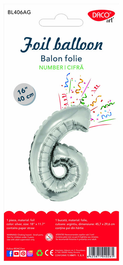 Balon din folie argintie în forma cifrei 6, brand DACO, dimensiune 40 cm, accesoriu decorativ premium pentru petreceri și aniversări.