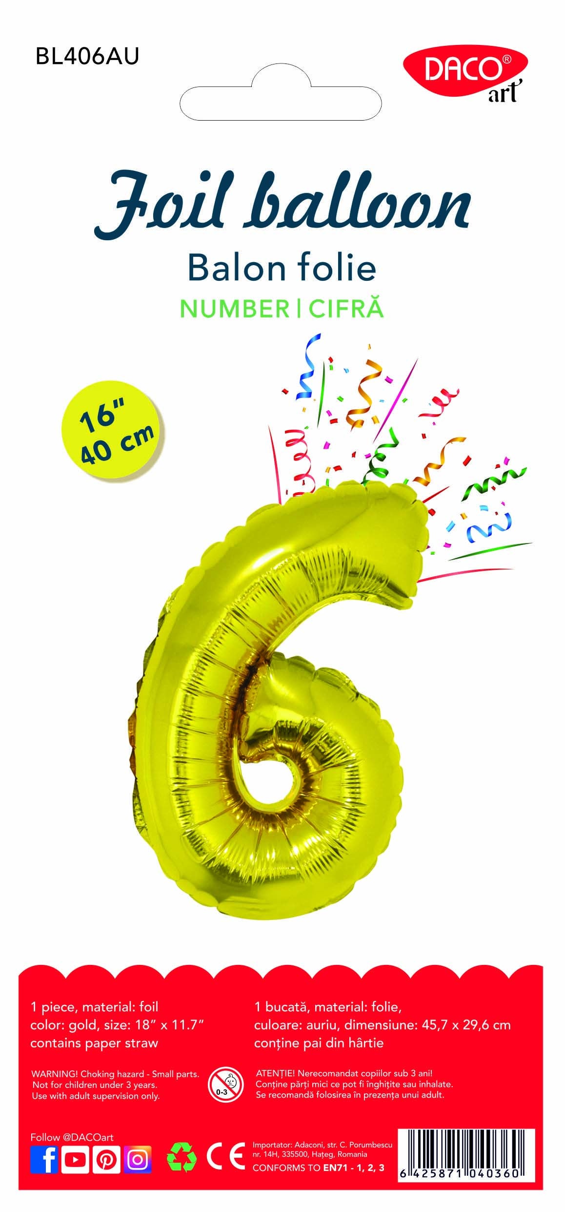 Balon mic din folie auriu strălucitor în forma cifrei 6, brand DACO, dimensiune 40 cm, ideal pentru decoruri festive de interior