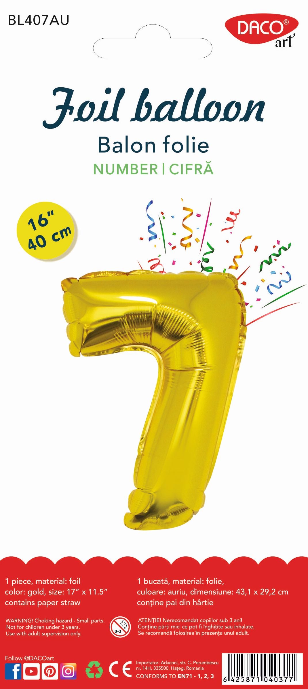 Balon din folie auriu strălucitor în forma cifrei 7, brand DACO, dimensiune 40 cm, ideal pentru decoruri festive de interior și aniversări