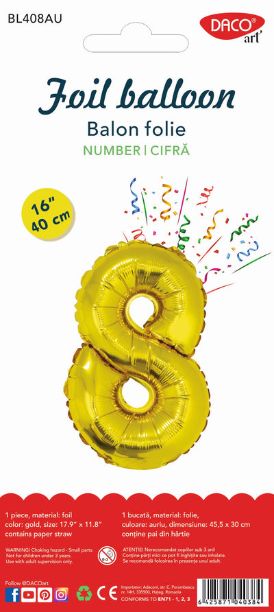 Balon din folie auriu strălucitor în forma cifrei 8, brand DACO, dimensiune 40 cm, ideal pentru decoruri festive de interior și aniversări de majorat.