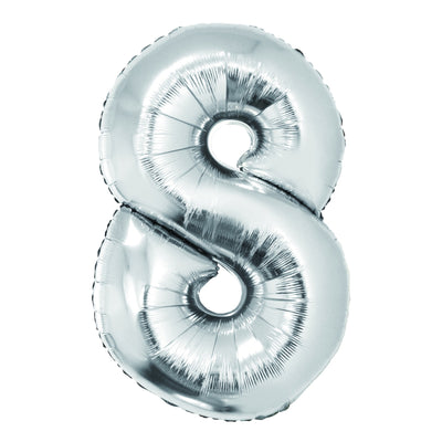 Balon mare din folie argintie în forma cifrei 8, brand DACO, înălțime 85 cm, accesoriu decorativ pentru ședințe foto și petreceri de majorat sau zi de naștere.