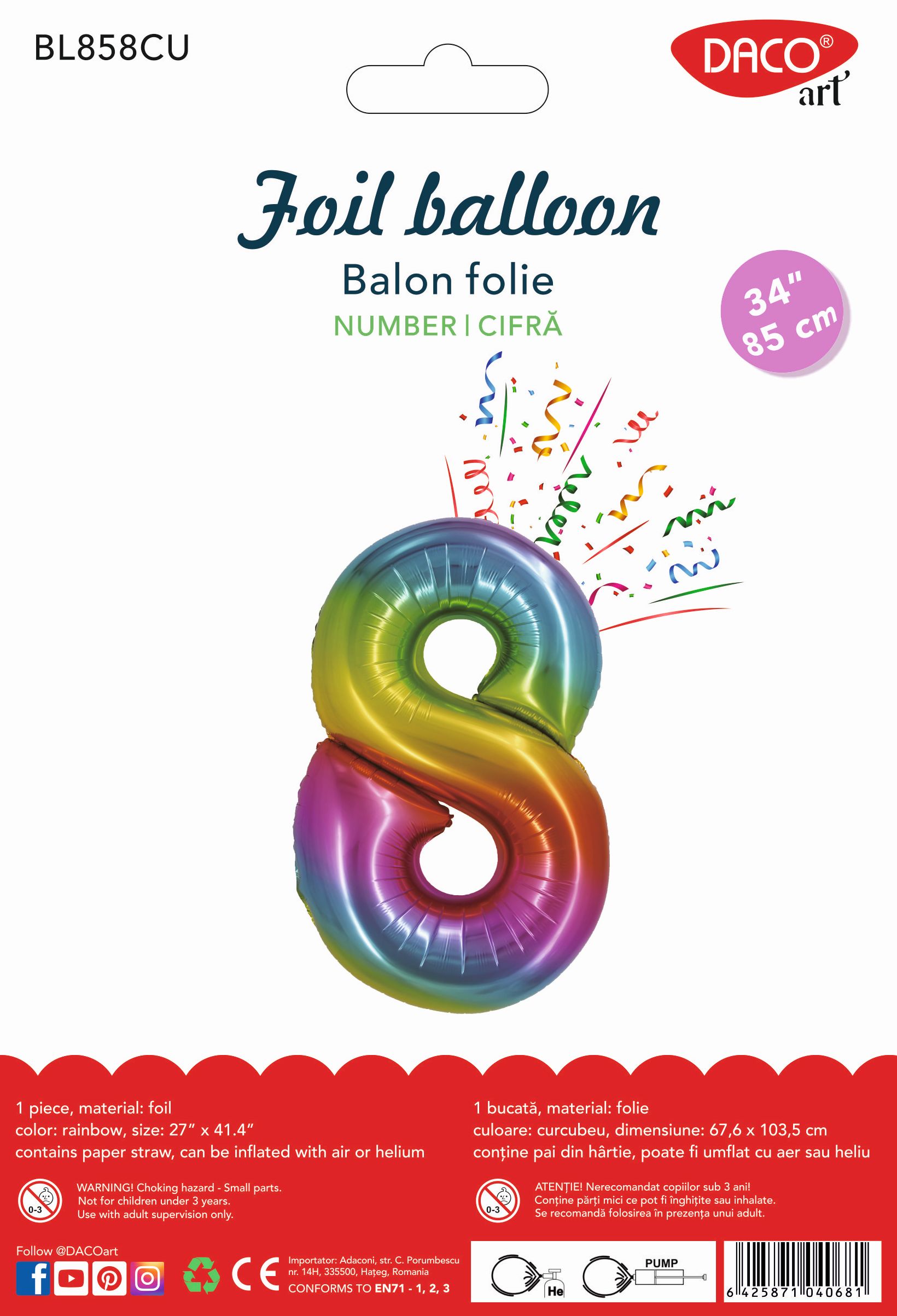 Balon mare din folie în forma cifrei 8, finisaj multicolor vibrant cu efect de curcubeu, brand DACO, înălțime 85 cm, ideal pentru decoruri de petrecere.