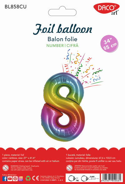 Balon mare din folie în forma cifrei 8, finisaj multicolor vibrant cu efect de curcubeu, brand DACO, înălțime 85 cm, ideal pentru decoruri de petrecere.