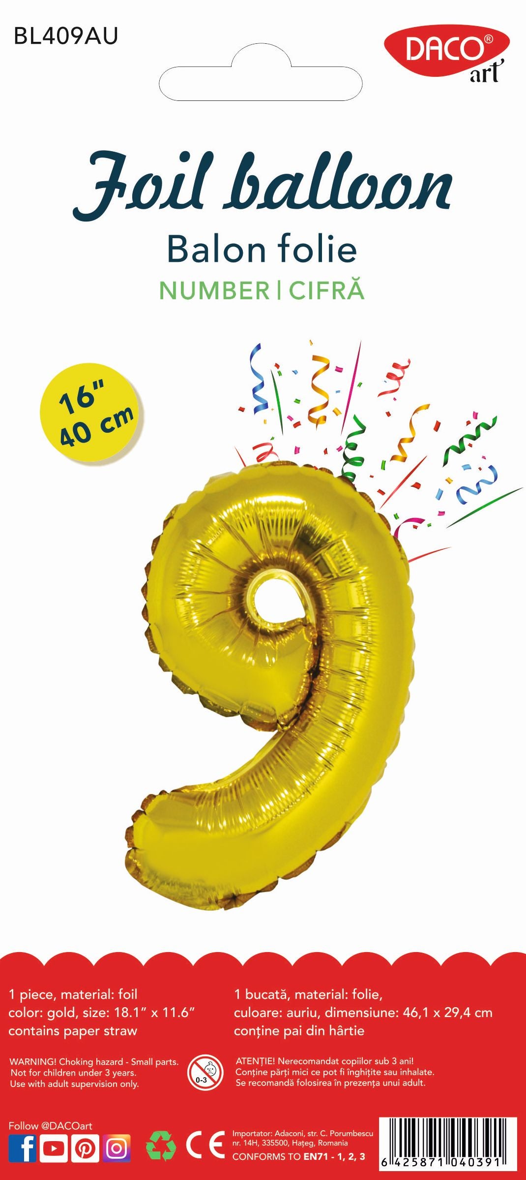Balon uriaș din folie auriu strălucitor în forma cifrei 9, brand DACO, înălțime 1 metru, accesoriu ideal pentru decoruri festive și aniversări.