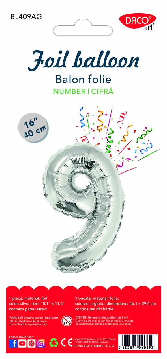 Balon din folie argintie în forma cifrei 9, brand DACO, dimensiune 40 cm, accesoriu decorativ pentru aniversări și petreceri.