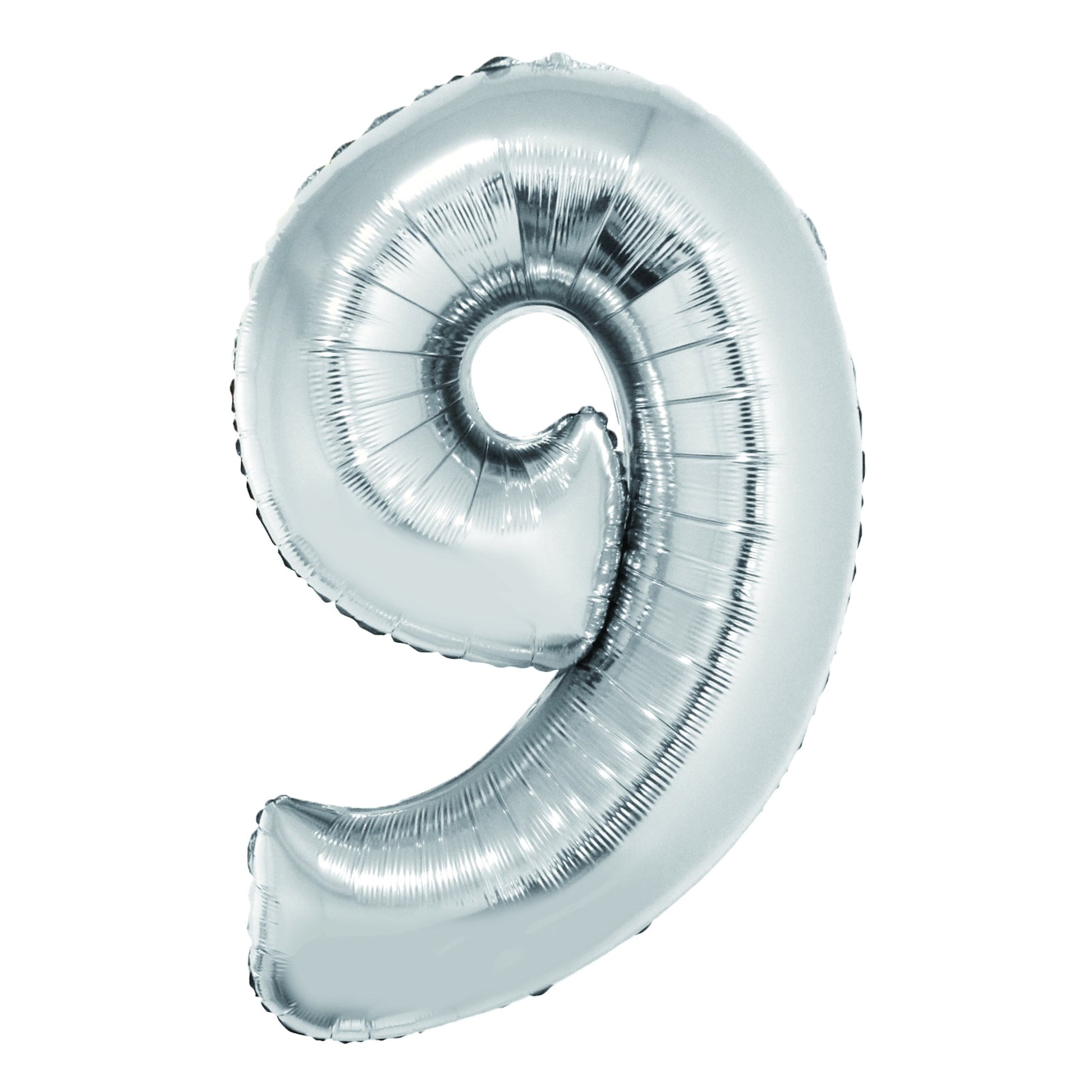 Balon mare din folie argintie în forma cifrei 9, brand DACO, înălțime 85 cm, accesoriu decorativ pentru ședințe foto și petreceri de majorat sau zi de naștere.
