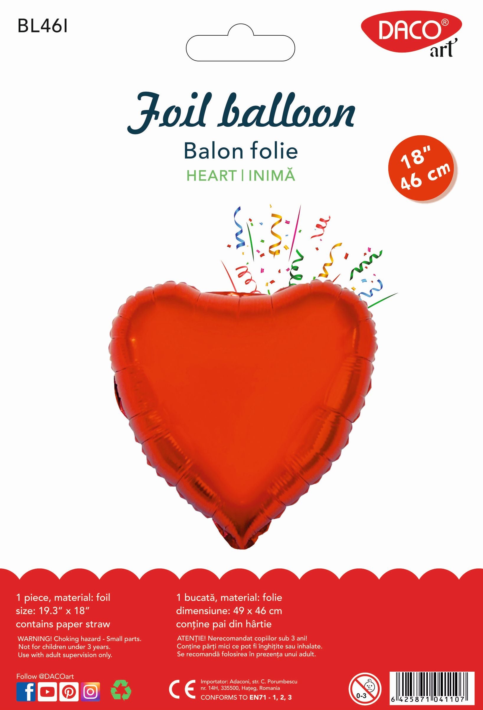 Balon în formă de inimă din folie metalizată de culoare roșu intens, brand DACO art, cod produs BL46I, include pai din hârtie pentru umflare manuală.