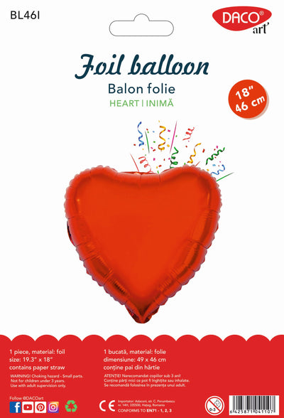 Balon în formă de inimă din folie metalizată de culoare roșu intens, brand DACO art, cod produs BL46I, include pai din hârtie pentru umflare manuală.