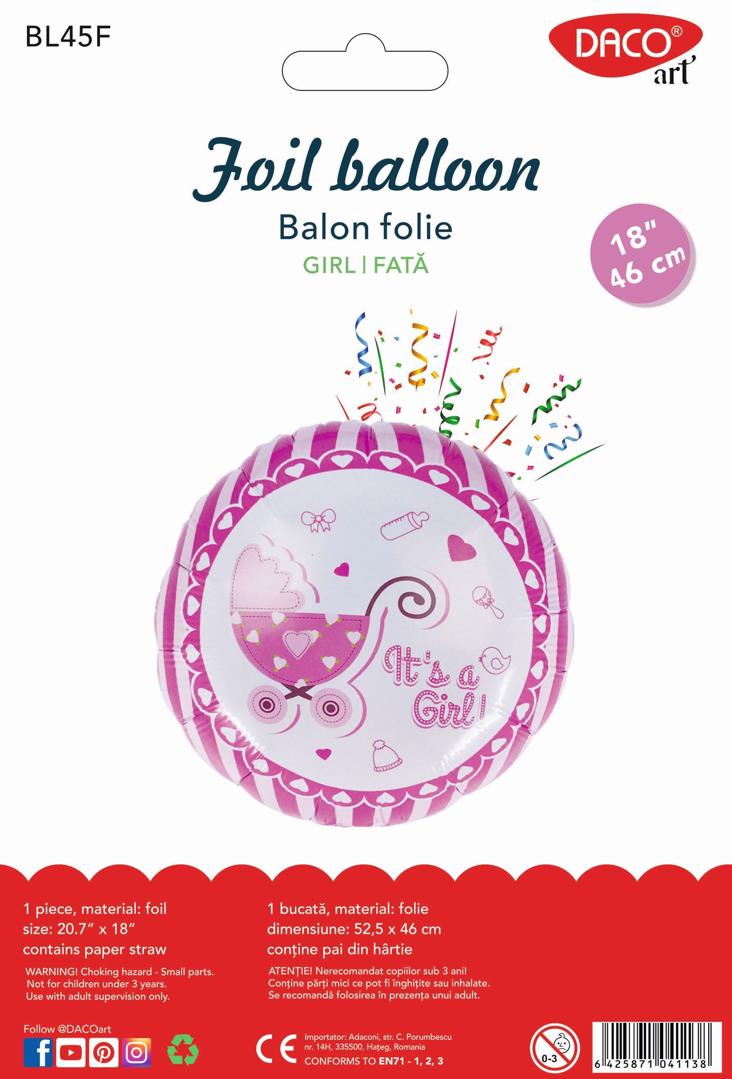 Balon rotund din folie roz cu mesajul It’s a Girl, brand DACO art, cod produs BL45F, accesoriu decorativ pentru baby shower și nou-născuți fetițe.