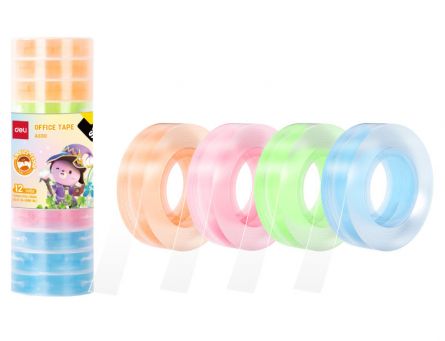 Rolă bandă adezivă Deli cu cotor colorat 12 mm x 27 m pentru birou și școală.
