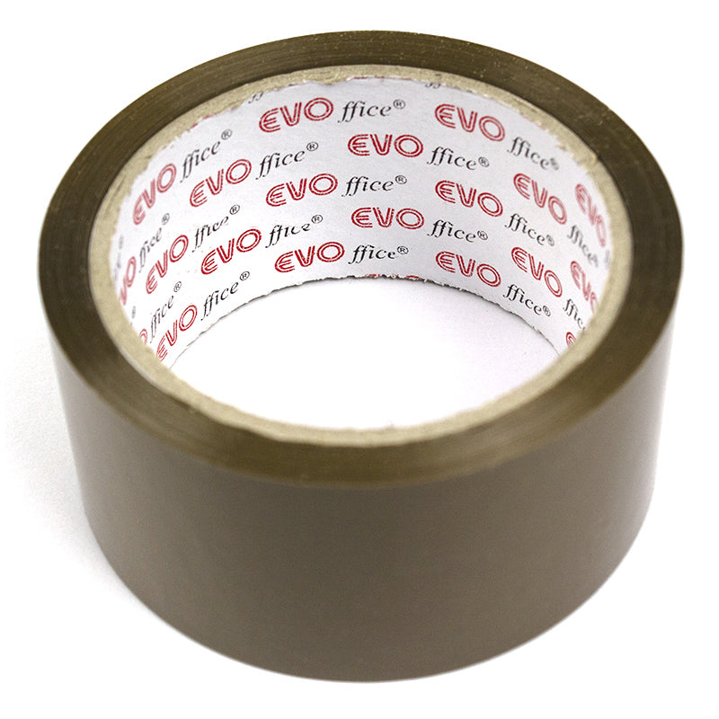 Rolă de bandă adezivă maro pentru împachetat EVOffice, lățime 48 mm, lungime 60 m, ideală pentru sigilarea cutiilor și coletelor.