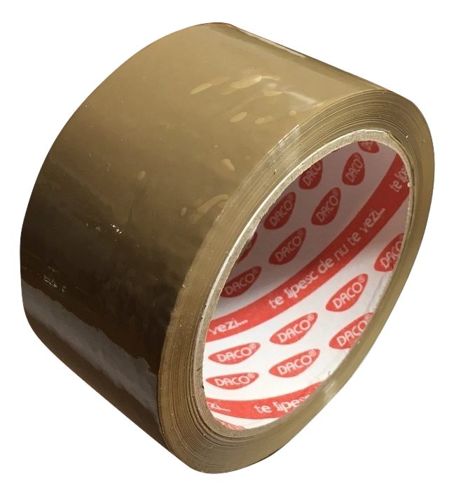 Rolă de bandă adezivă maro mată DACO, lățime 48 mm, lungime 66 m, suport PP cu adeziv acrilic, ideală pentru ambalare și colete.