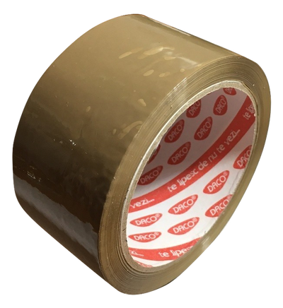 Rolă de bandă adezivă maro mată DACO, lățime 48 mm, lungime 66 m, suport PP cu adeziv acrilic, ideală pentru ambalare și colete.