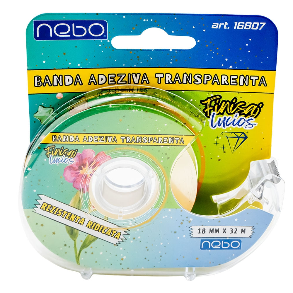 Banda adeziva transparenta, cu dispenser, 18mmx32m - NEBO