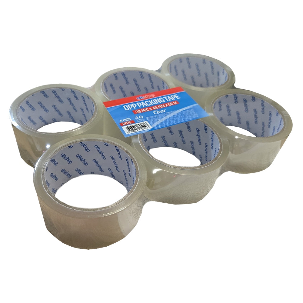 Rolă de bandă adezivă transparentă Offishop cu grosimea de 38 microni, lățime 50 mm, lungime 50 m, ideală pentru sigilarea cutiilor și uz general.
