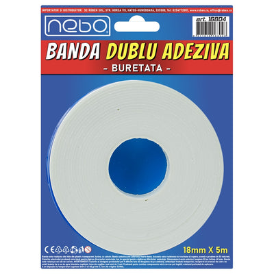 Rolă de bandă dublu adezivă burețată Nebo, lățime 18 mm, lungime 5 m, ideală pentru fixare fără cuie pe diverse suprafețe