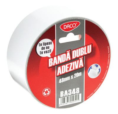 Rolă de bandă dublu adezivă lată DACO, lățime 48 mm, lungime 20 m, ideală pentru ambalare, decorare și uz general
