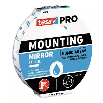 Rolă de bandă dublu adezivă pentru oglinzi Tesa PRO 66952, lățime 19 mm, lungime 5 m, ideală pentru medii umede și suprafețe netede fără găurire.