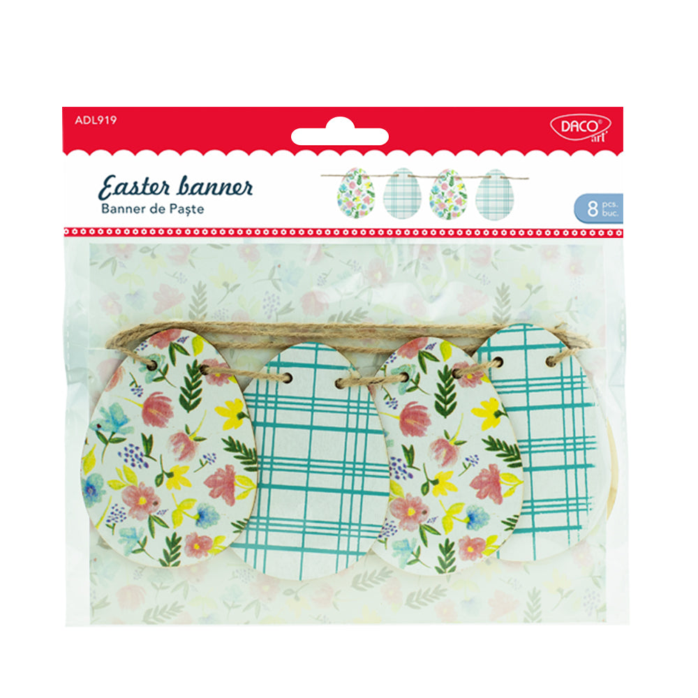 Banner decorativ „Ouă de Paște” Daco, set cu 8 piese din lemn de 9 cm, ideal pentru decorarea casei de sărbători, pictat și personalizat prin activități handmade