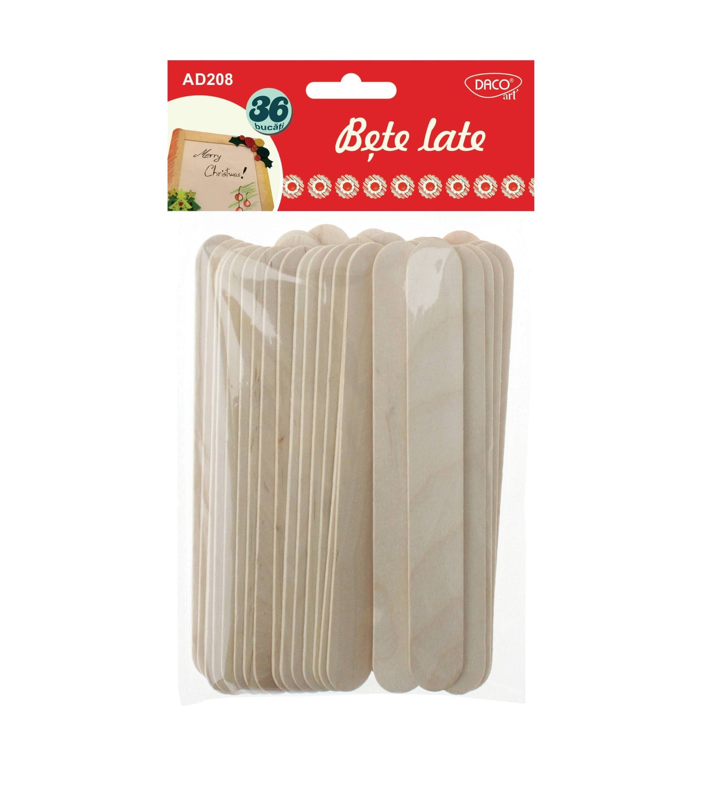 Set de 36 de bețe late din lemn natural cu margini rotunjite, lungime 14.8 cm, brand DACOart, cod AD208, pentru activități creative și hobby.