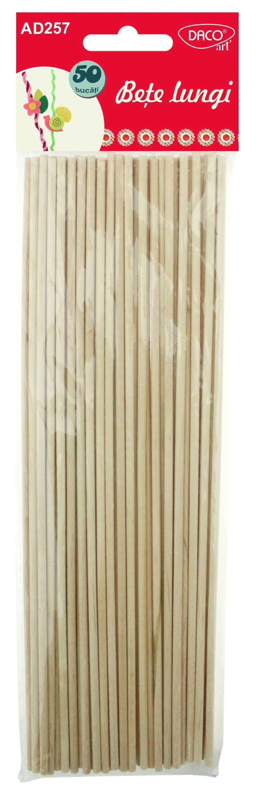 Set de 50 de bețe lungi din lemn natural cu suprafață netedă, lungime 20 cm, brand DACOart, cod AD257, destinate proiectelor de construcție manuală și hobby