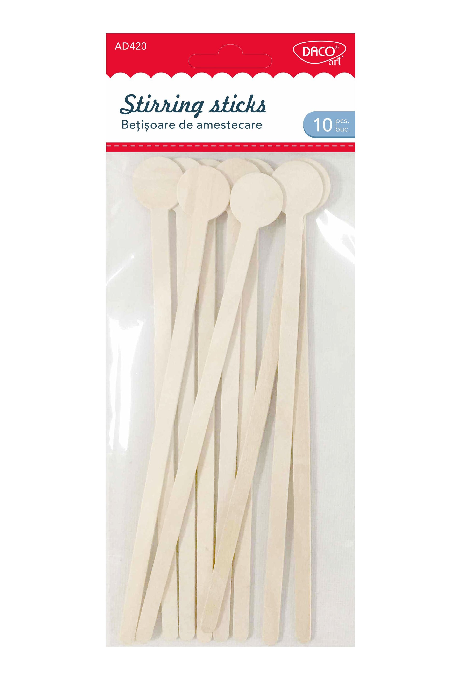 Set de 10 bețișoare din lemn natural cu suprafață netedă, lungime 18 cm, brand DACOart, cod AD420, utilizate pentru amestecarea culorilor și proiecte DIY