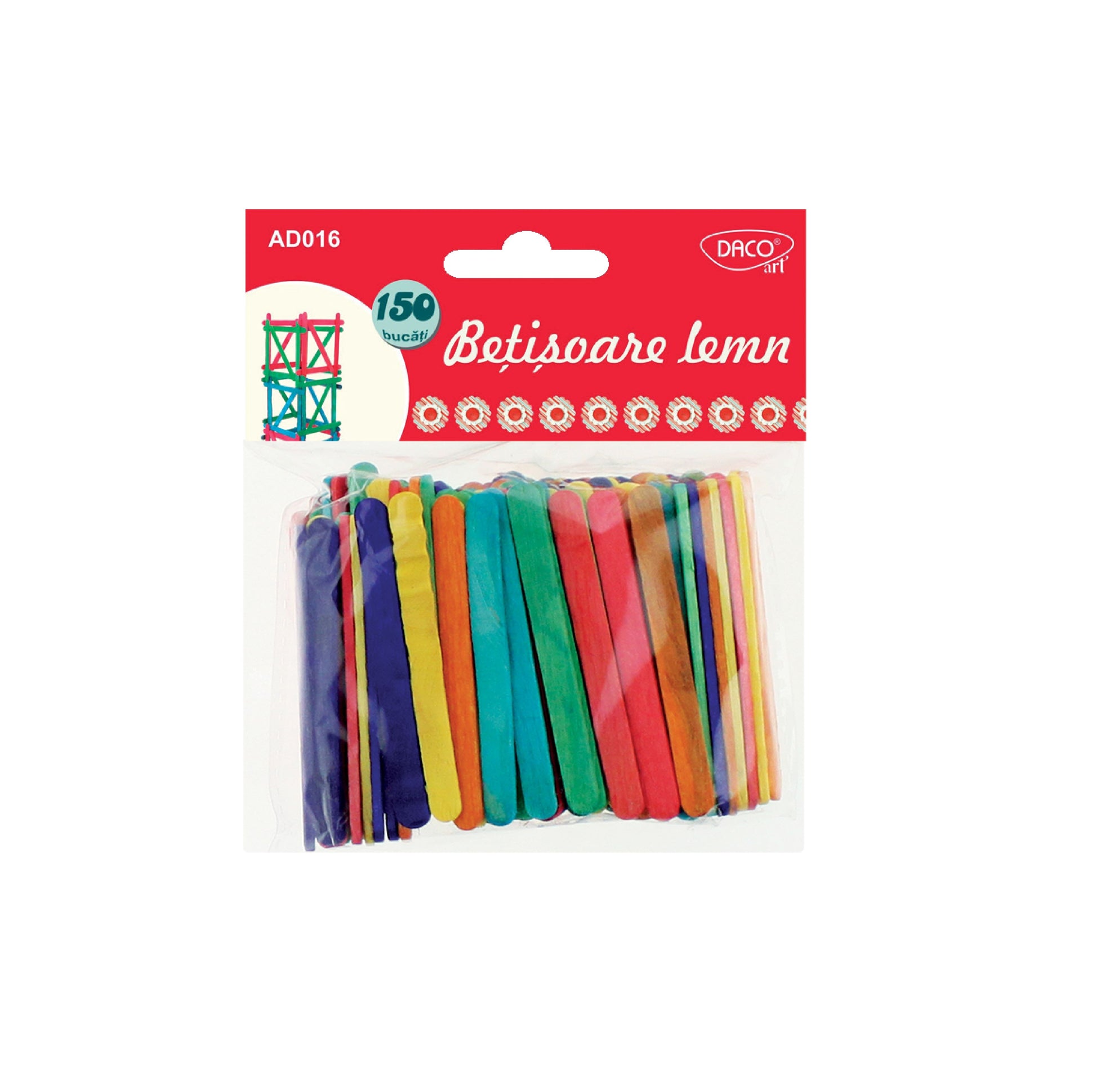 Set de 150 de bețișoare din lemn colorat pentru activități craft și proiecte școlare, brand DACOart, cod AD016
