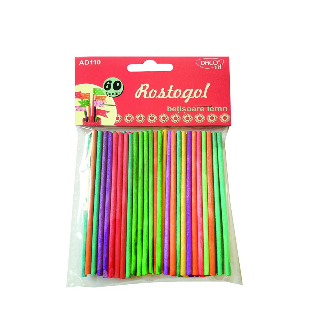 Set de 60 de bețișoare decorative din lemn cu secțiune rotundă tip Rostogol, colorate, brand DACOart, cod AD110