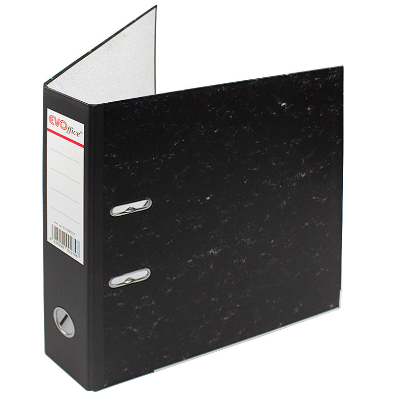 Biblioraft din carton marmorat EVOffice, format A4, cotor 7,5 cm, cu margine metalică și mecanism metalic, ideal pentru arhivarea documentelor voluminoase