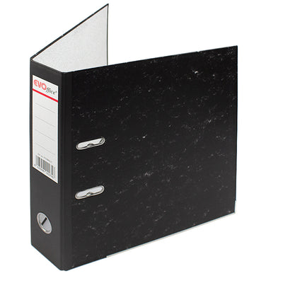 Biblioraft din carton marmorat EVOffice, format A4, cotor 7,5 cm, cu margine metalică și mecanism metalic, ideal pentru arhivarea documentelor voluminoase
