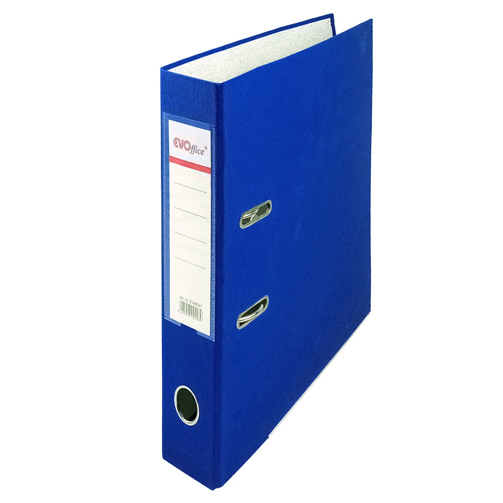 iblioraft carton plastifiat EVOffice, format A4, grosime cotor 5 cm, culoare albastru, dotat cu margine metalică și buzunar etichetă pentru arhivare.