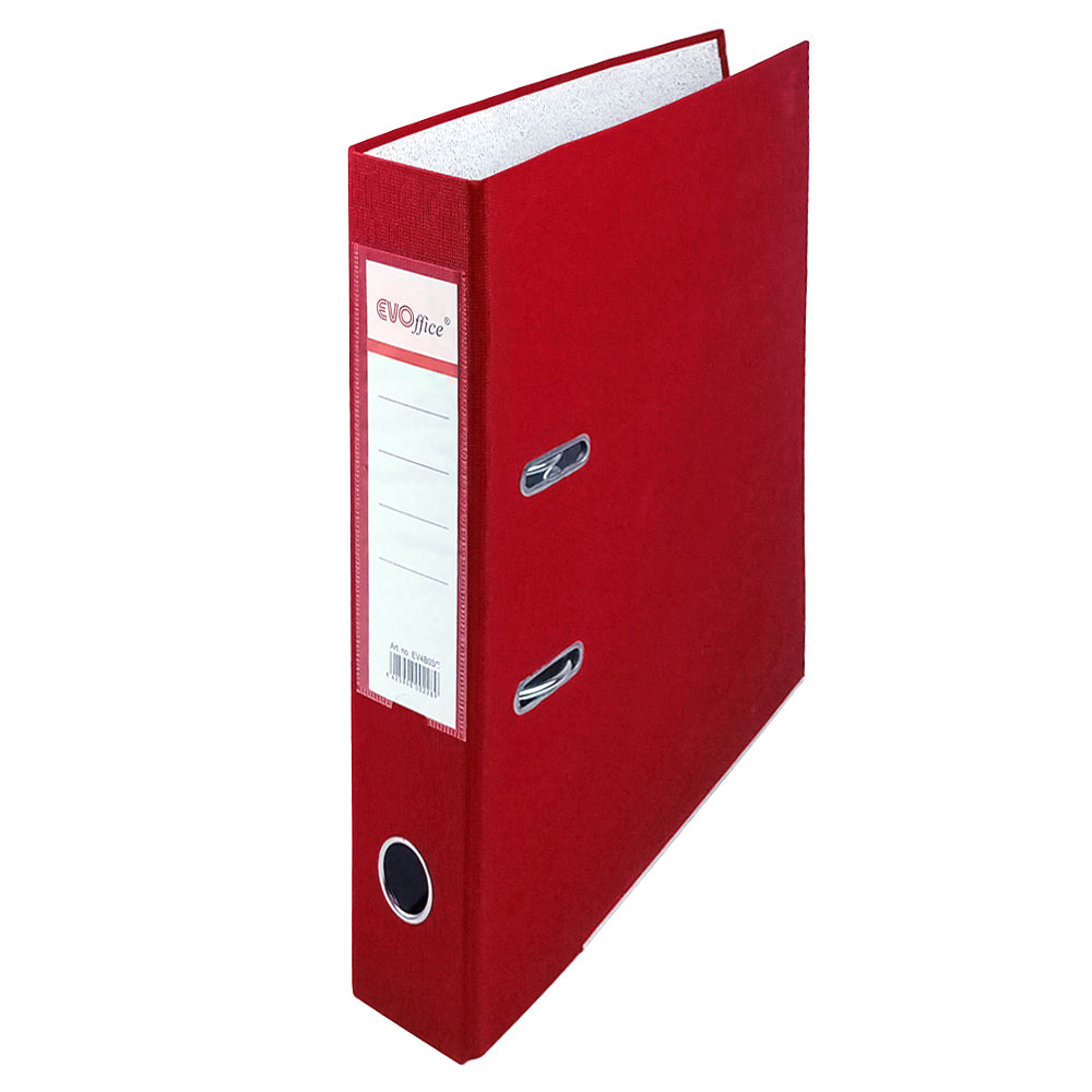Biblioraft carton plastifiat EVOffice, format A4, grosime cotor 5 cm, culoare roșu, dotat cu margine metalică și buzunar etichetă pentru organizarea documentelor urgente
