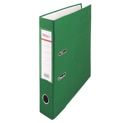 Biblioraft carton plastifiat EVOffice, format A4, grosime cotor 5 cm, culoare verde, prevăzut cu margine metalică și buzunar pentru etichetă.