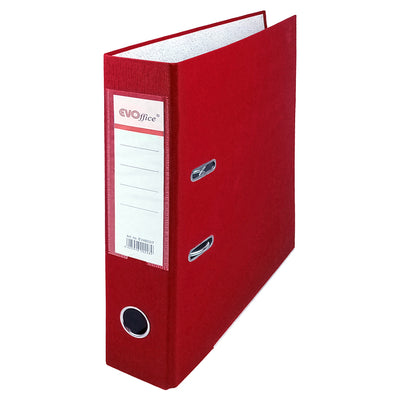 Biblioraft carton plastifiat EVOffice, format A4, grosime cotor 7,5 cm, culoare roșu, dotat cu margine metalică și buzunar etichetă, ideal pentru arhivarea documentelor urgente și voluminoase.
