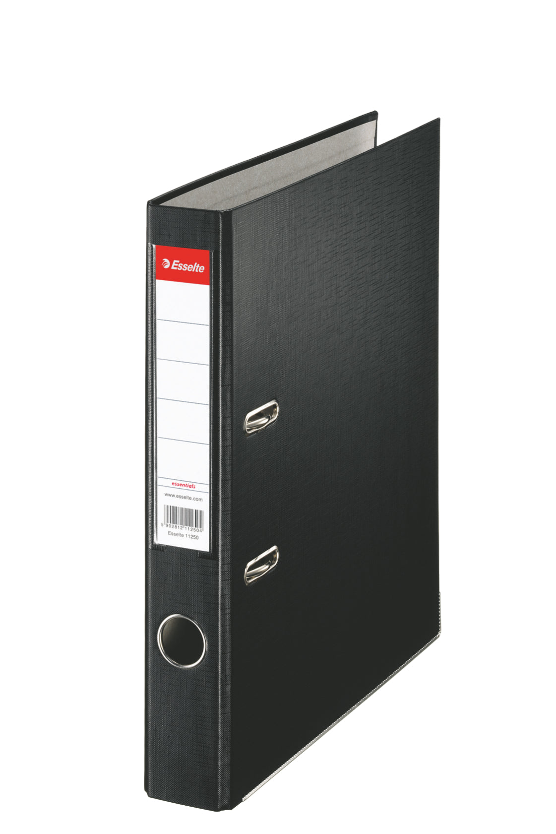 Biblioraft negru Esselte Economy, format A4, cotor de 5 cm, cu mecanism standard și șină metalică, ideal pentru arhivarea profesională și elegantă a documentelor în birou