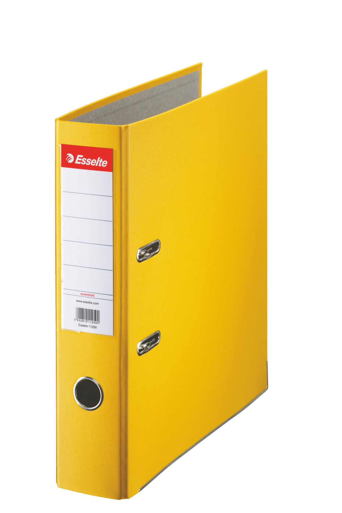 Biblioraft galben Esselte Economy, format A4, cotor lat de 7.5 cm, dotat cu inele Rado și șină metalică, ideal pentru arhivarea voluminoasă și organizarea pe culori
