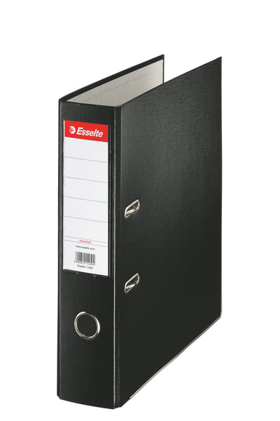 Biblioraft negru Esselte Economy, format A4, cotor lat de 7.5 cm, echipat cu mecanism standard și șină metalică, ideal pentru arhivarea profesională și ordonată a documentelor
