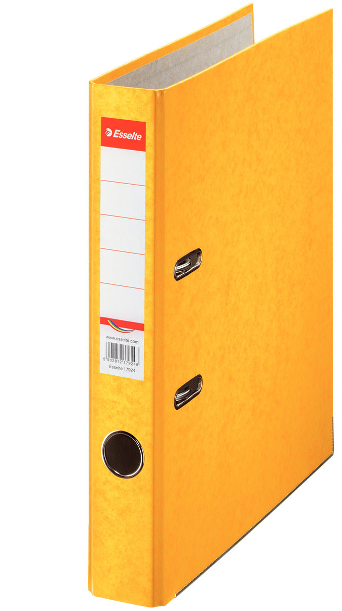 Biblioraft Esselte Rainbow, format A4, grosime cotor 5 cm, culoare galben, din carton prespan, ideal pentru organizarea documentelor la birou