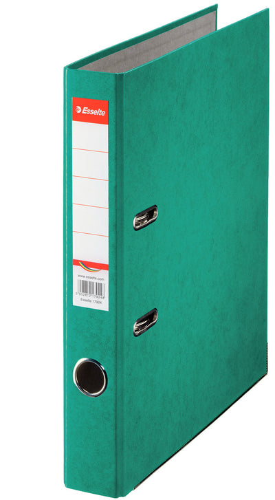 Biblioraft Esselte Rainbow, format A4, grosime cotor 5 cm, culoare verde, din carton prespan, ideal pentru arhivarea și organizarea eficientă a documentelor de birou.