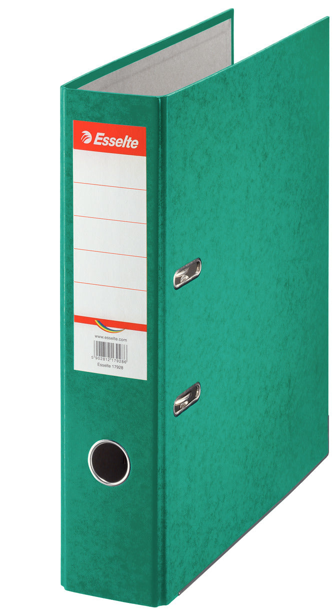 Biblioraft Esselte Rainbow, format A4, grosime cotor 7,5 cm, culoare verde, din carton prespan, ideal pentru arhivarea voluminoasă și organizarea pe categorii a documentelor.
