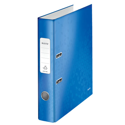 Biblioraft premium Leitz WOW, format A4, lățime cotor 5,2 cm, culoare albastru metalizat, prevăzut cu mecanism 180° și inele rado pentru arhivare profesională și organizare eficientă