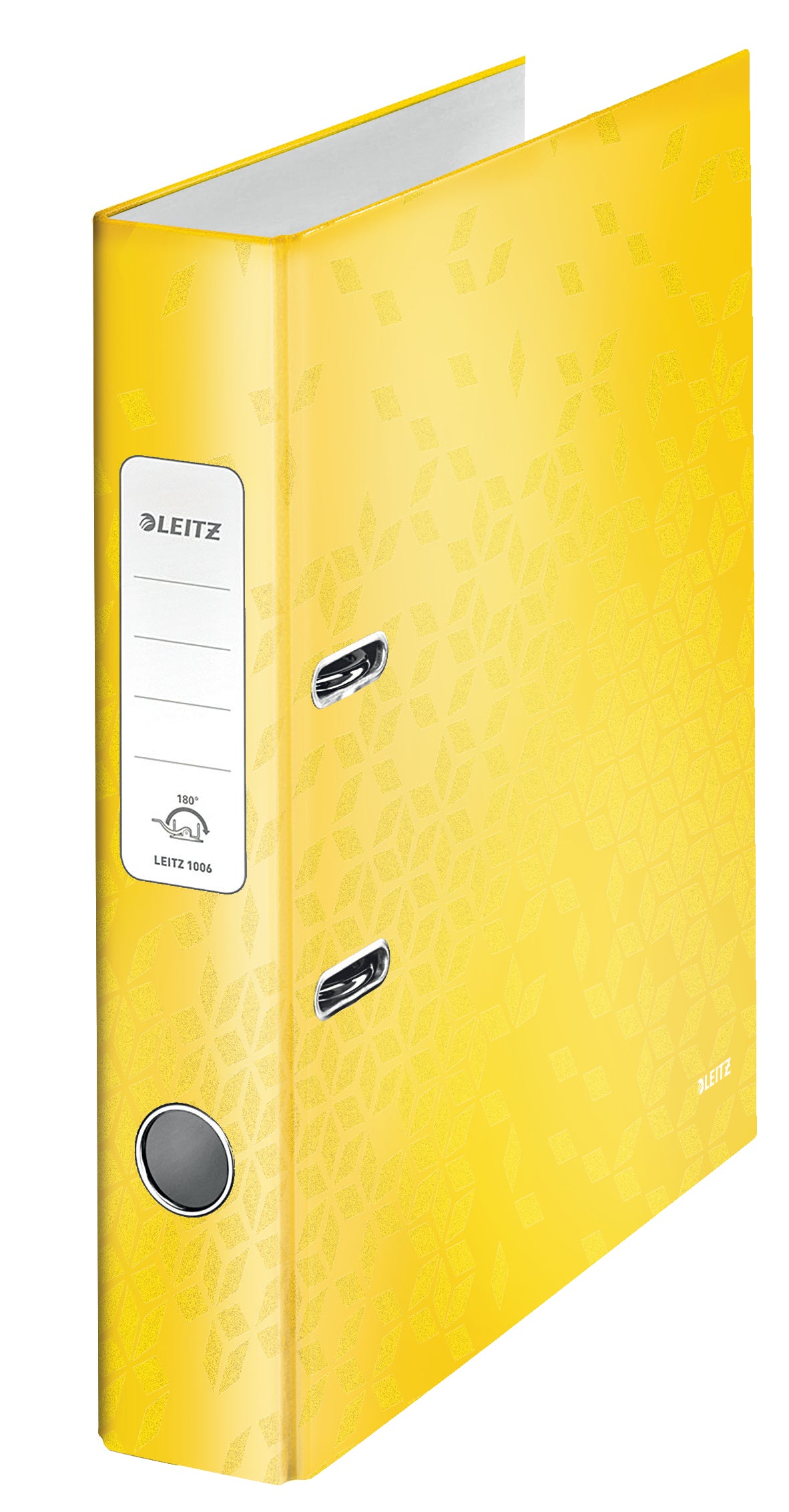 Biblioraft premium Leitz WOW, format A4, lățime cotor 5,2 cm, culoare galben, prevăzut cu mecanism 180° și inele rado pentru arhivare profesională.